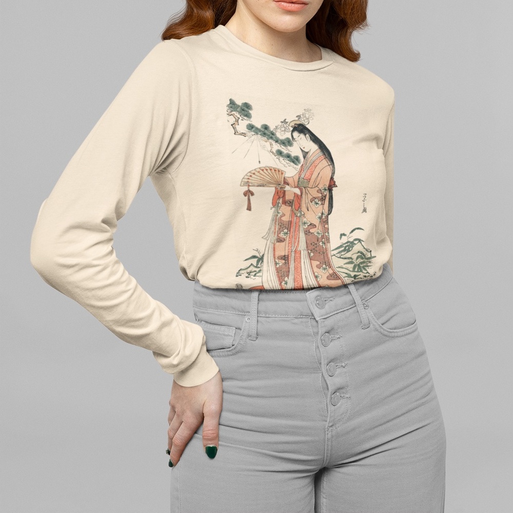 Japanese Princess Vintage Ukyio-e Print Long Sleeve Graphic Tee T-shirt S M L XL